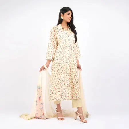 3 Piece Bareeze Unstitched Printed Lawn Suit – Off-white Color