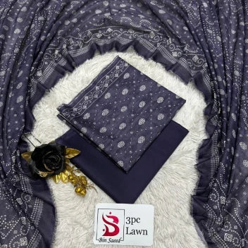 3 Piece Bin Saeed Unstitched Printed Lawn Suit – Purple Color
