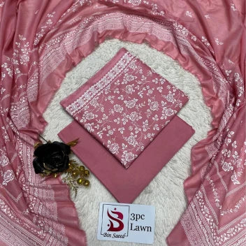3 Piece Bin Saeed Unstitched Printed Lawn Suit – Peach Color