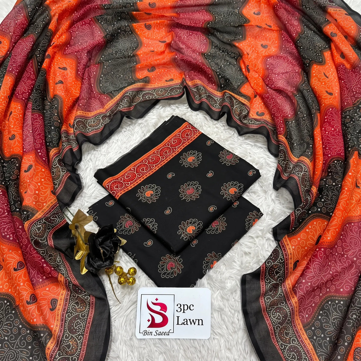 3 Piece Bin Saeed Unstitched Printed Lawn Suit – Black Color