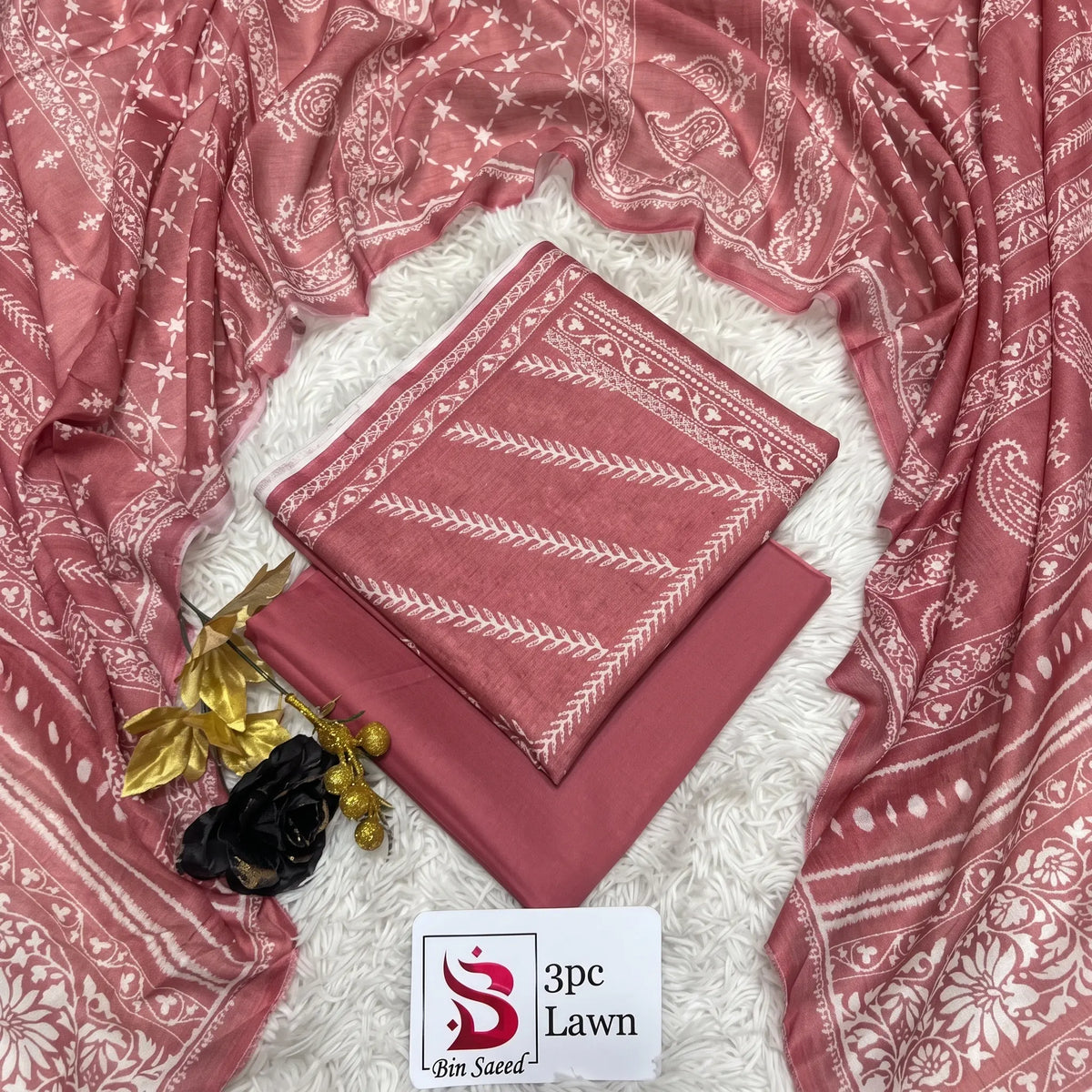 3 Piece Bin Saeed Unstitched Printed Lawn Suit – Peach Color