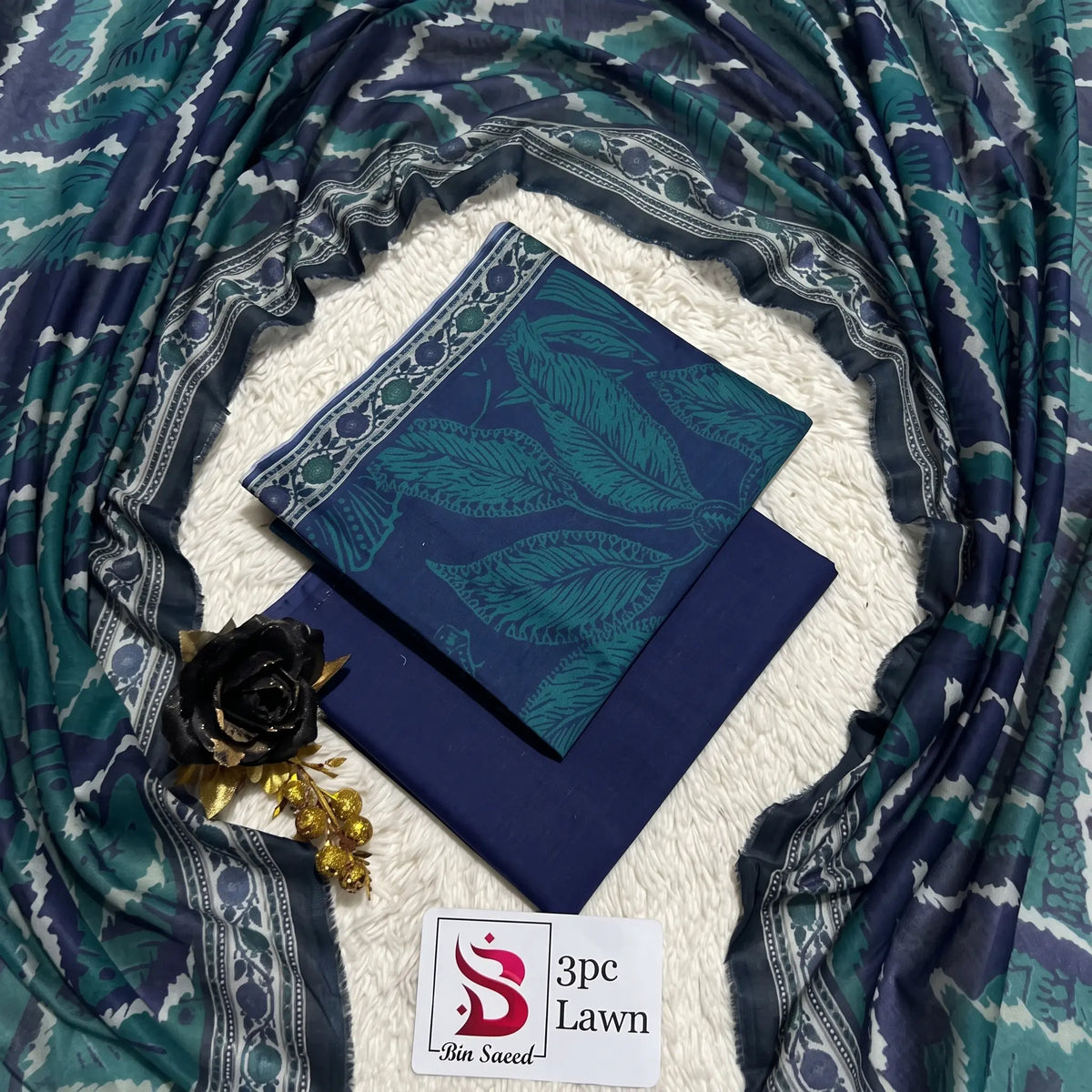3 Piece Bin Saeed Unstitched Printed Lawn Suit – Navy Blue Color