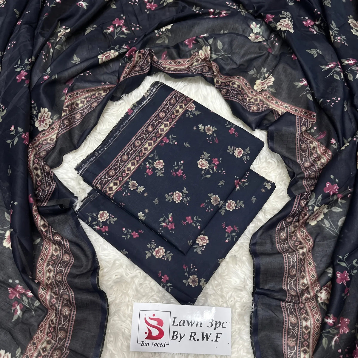 3 Piece Bin Saeed Unstitched Printed Lawn Suit – Black Color