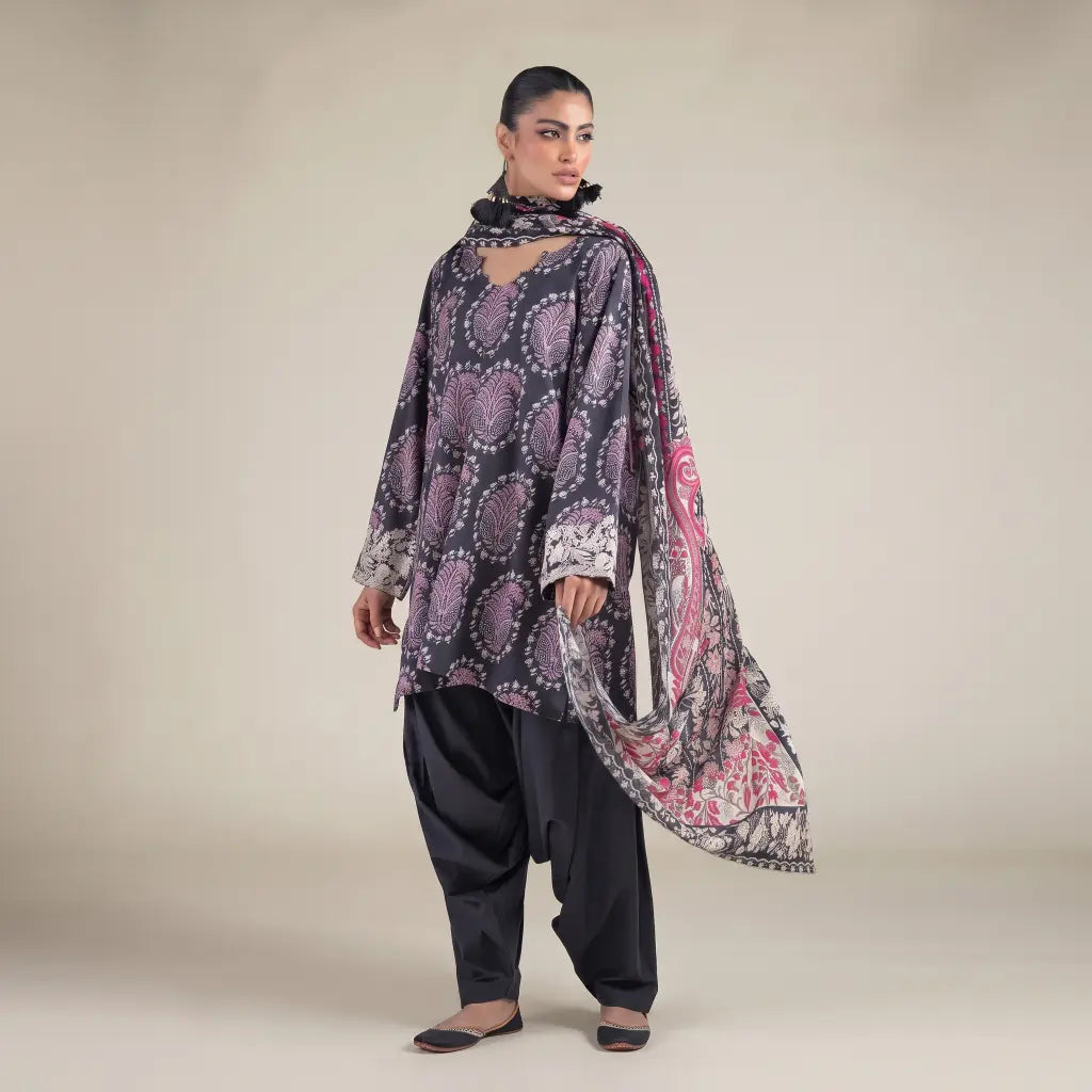 3 Piece khaadi Unstitched Printed Lawn Suit – Grey Black Color