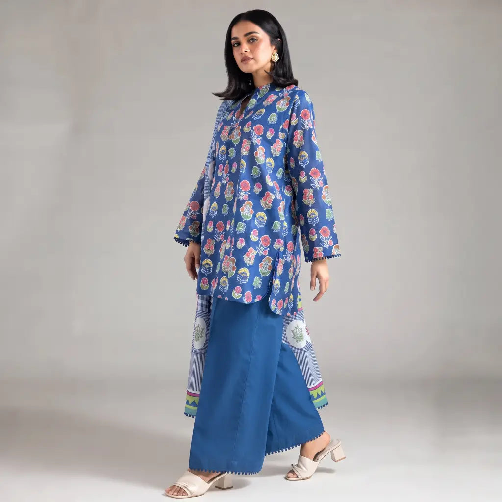3 Piece khaadi Unstitched Printed Lawn Suit – Royal Blue Color