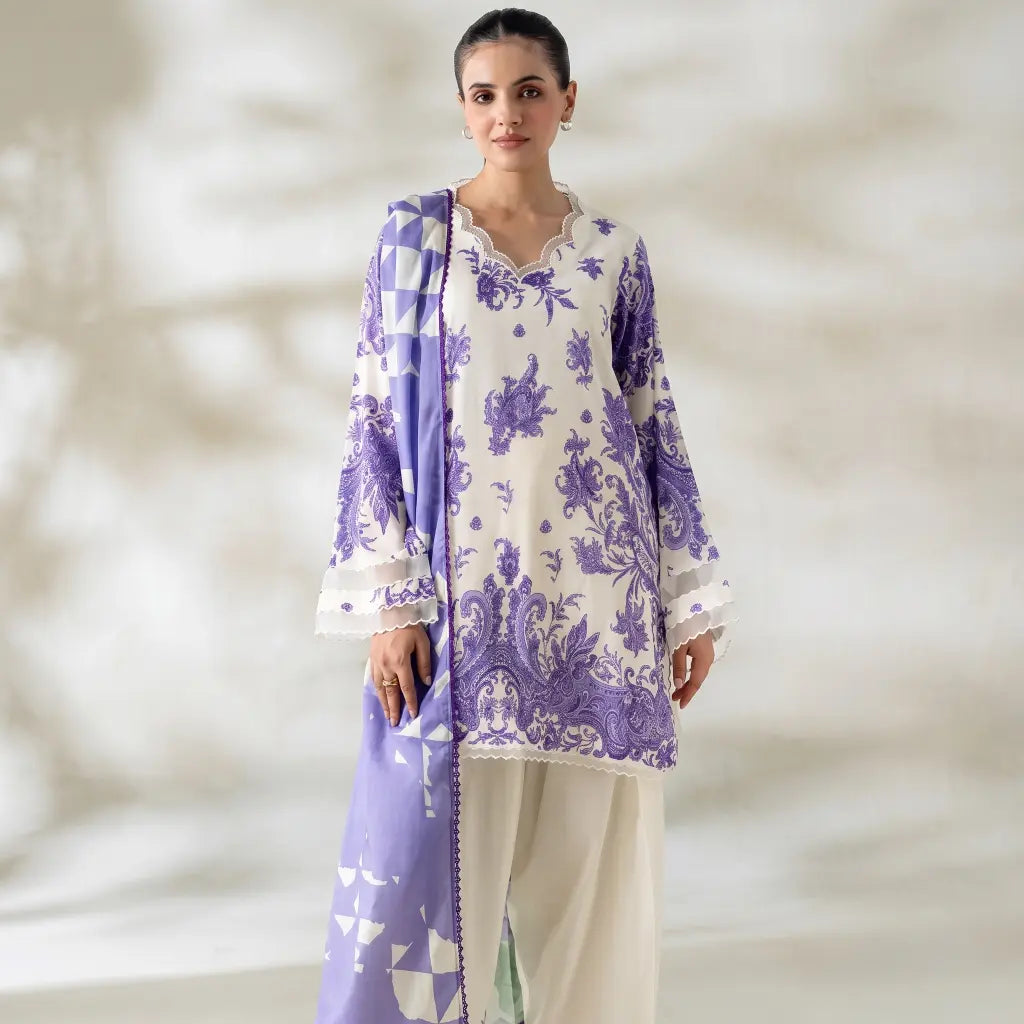3 Piece Gull Jee Unstitched Printed Lawn Suit – Off White Color