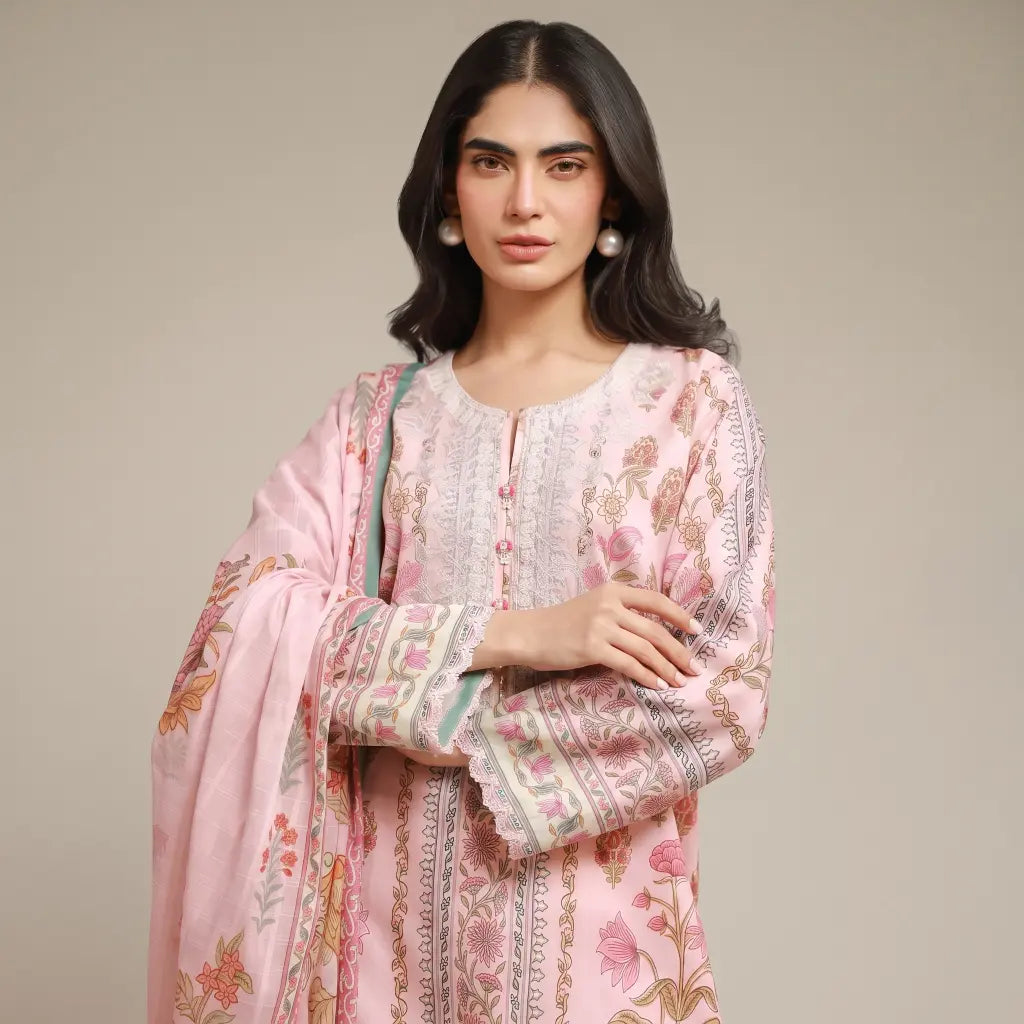 3 Piece khaadi Unstitched Printed Lawn Suit – Baby Pink Color