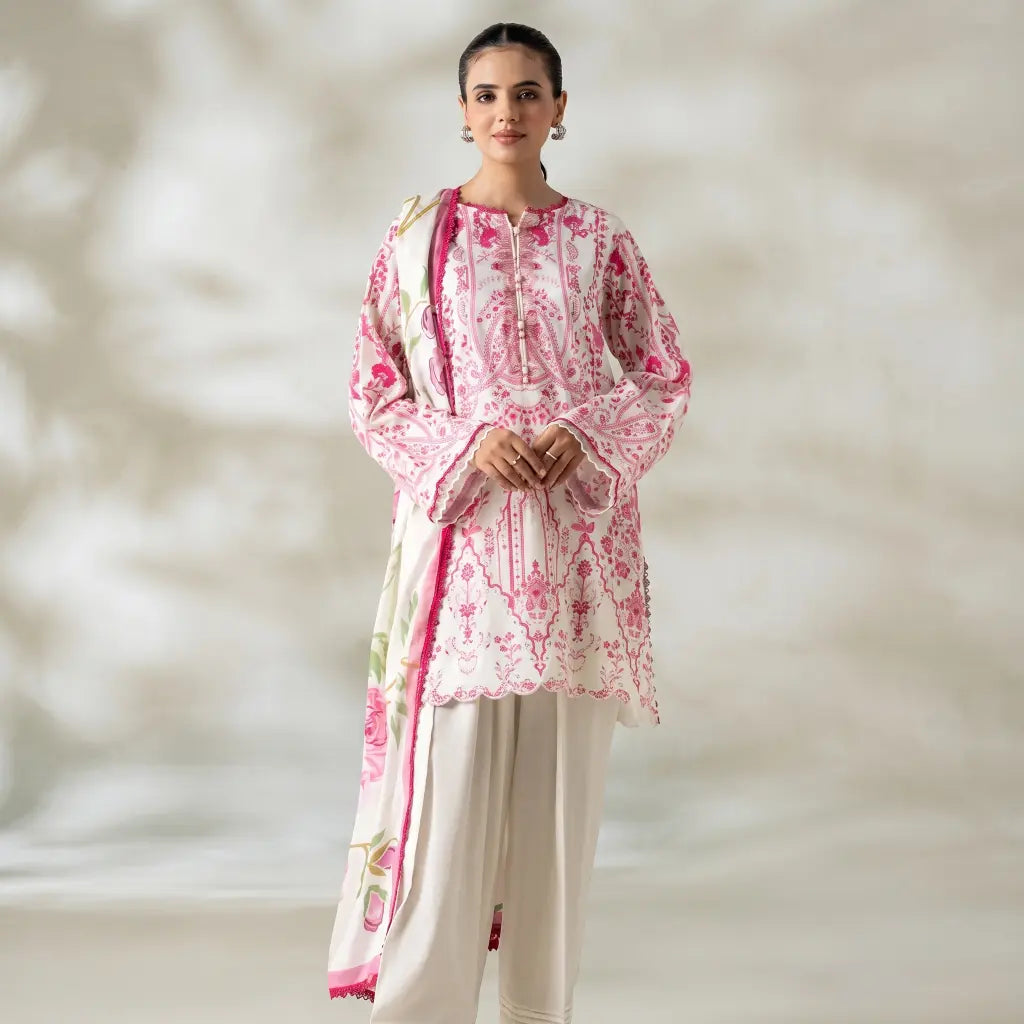 3 Piece Gull Jee Unstitched Printed Lawn Suit – Off White Color