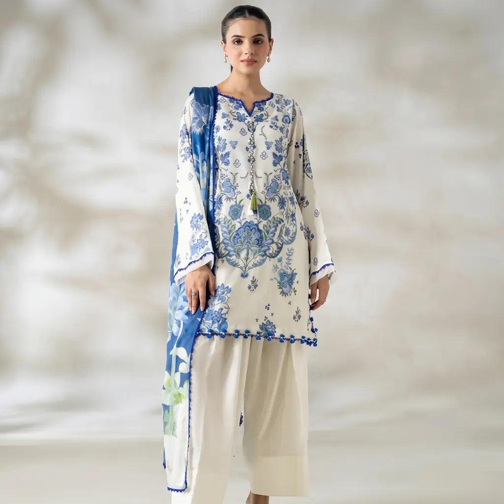 3 Piece Gull Jee Unstitched Printed Lawn Suit – Off White Color
