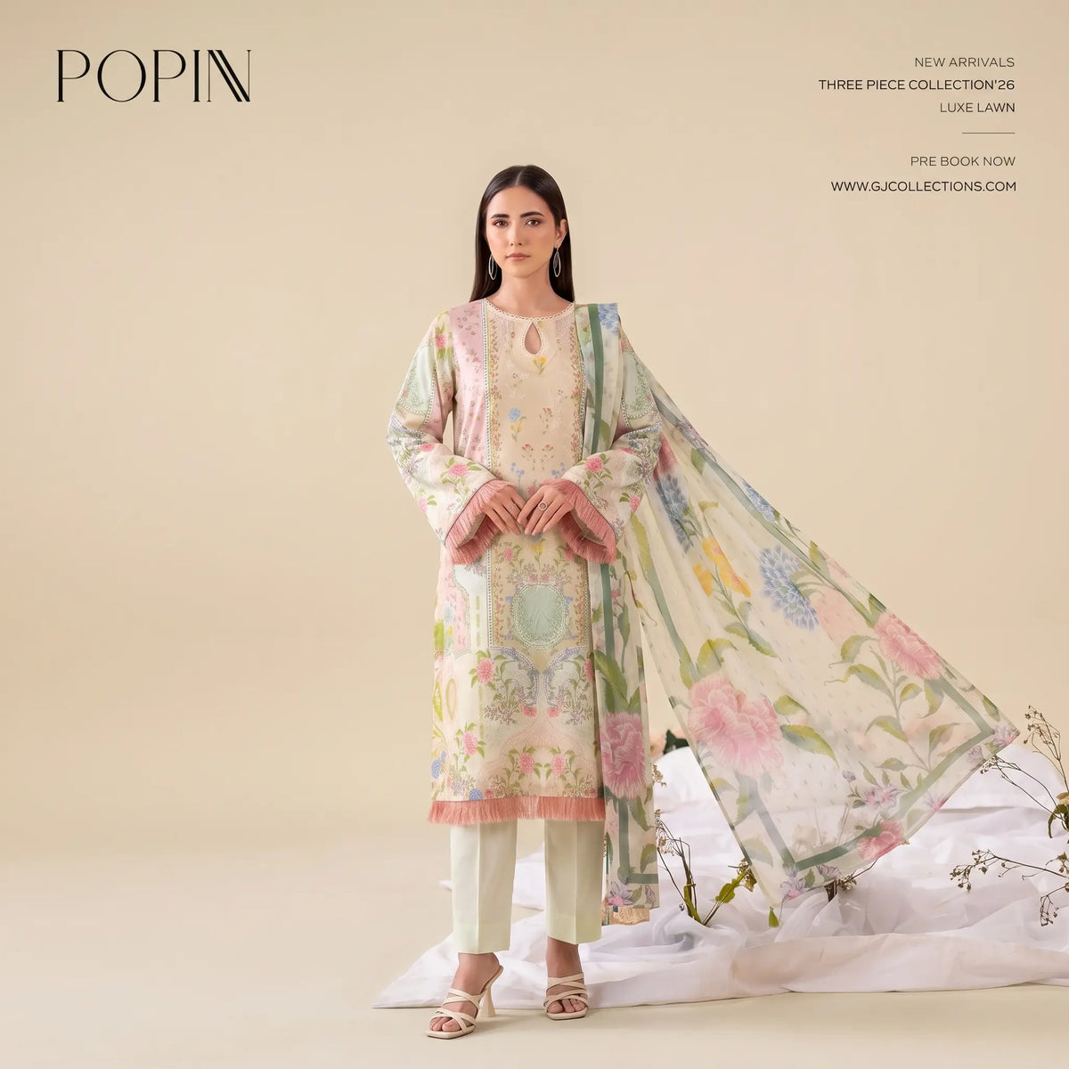 3 Piece Gull Jee Unstitched Printed Lawn Suit – Off White Color