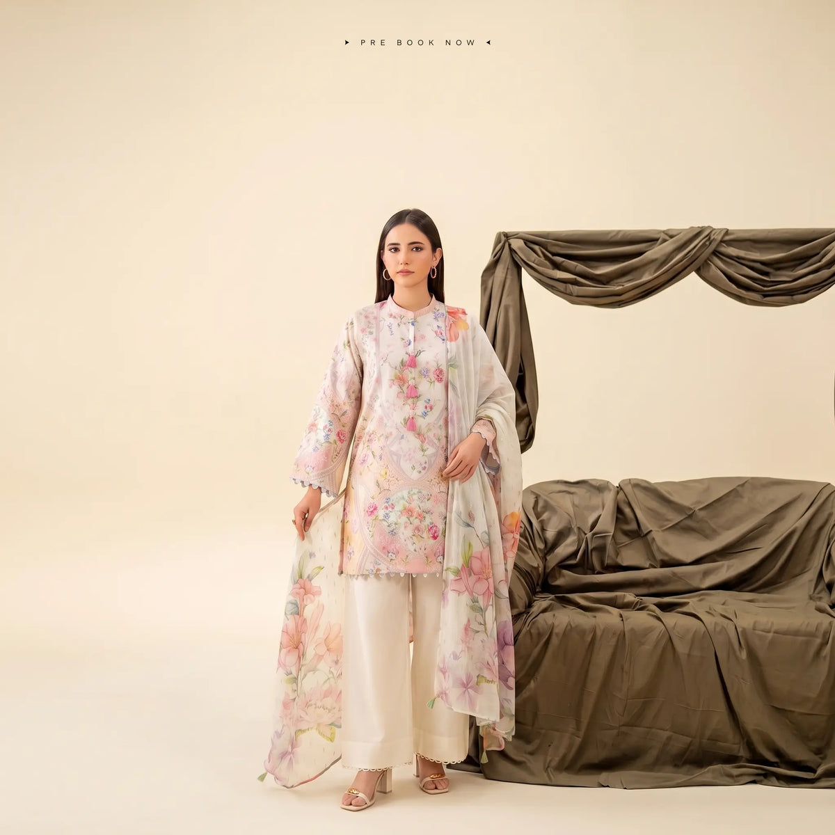 3 Piece Gull Jee Unstitched Printed Lawn Suit – Off White Color