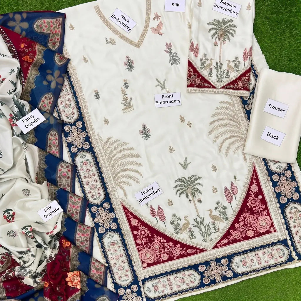 3 Piece Ethnic Silk Unstitched Luxury Embroidered Lawn Suit – Cream Color