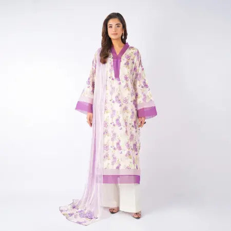 3 Piece Bareeze Unstitched Printed Lawn Suit – Off-White Color