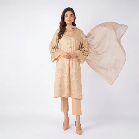 3 Piece Bareeze Unstitched Printed Lawn Suit – Cream Color