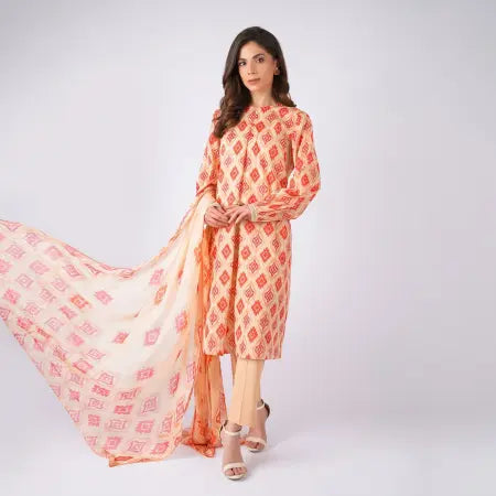 3 Piece Bareeze Unstitched Printed Lawn Suit – Peach Color