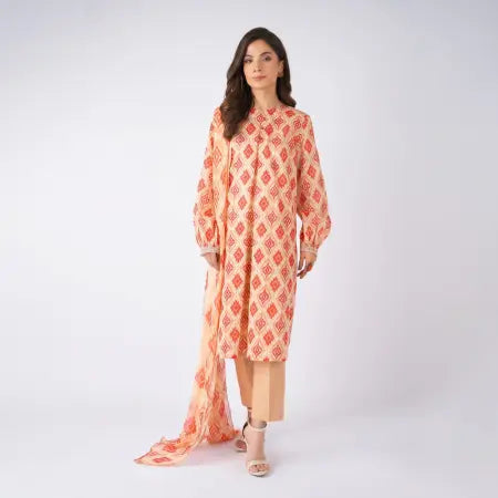 3 Piece Bareeze Unstitched Printed Lawn Suit – Peach Color
