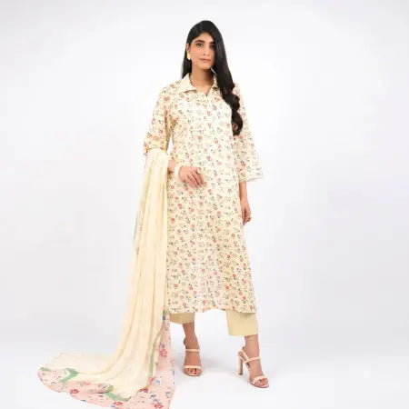 3 Piece Bareeze Unstitched Printed Lawn Suit – Off-white Color