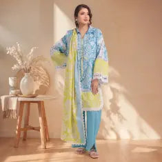 3 Piece Bonanza Satrangi Unstitched Printed Lawn Suit – Sky blue Color