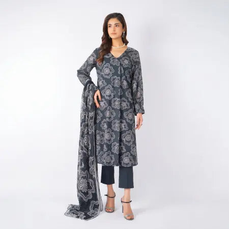 3 Piece Bareeze Unstitched Printed Lawn Suit – Grayish Black Color