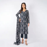 3 Piece Bareeze Unstitched Printed Lawn Suit – Grayish Black Color