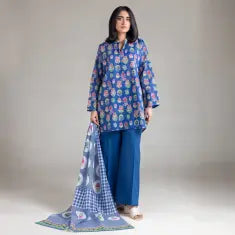 3 Piece khaadi Unstitched Printed Lawn Suit – Royal Blue Color