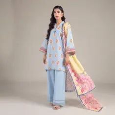 3 Piece khaadi Unstitched Printed Lawn Suit – Sky Blue Color