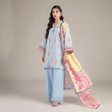 3 Piece khaadi Unstitched Printed Lawn Suit – Sky Blue Color