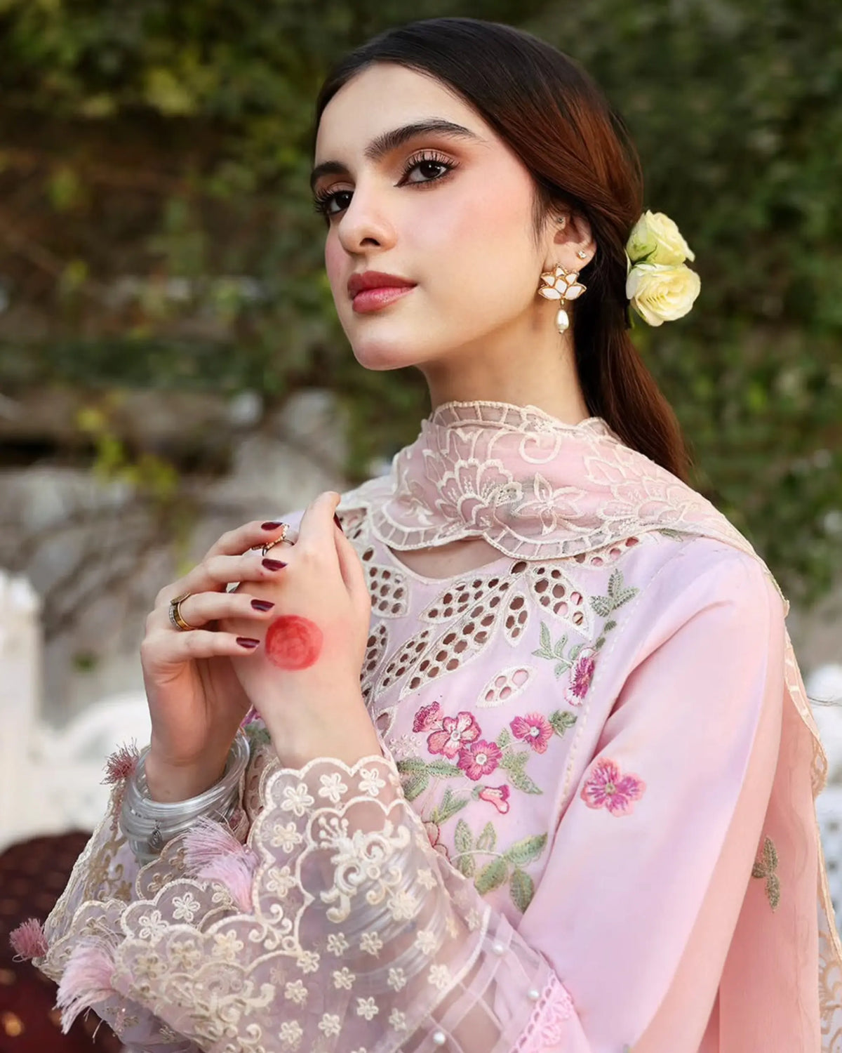 3 Piece Mahnur Brand Unstitched Luxury Embroidered Lawn Suit – Peach Color