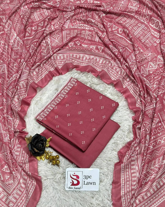 3 Piece Bin Saeed Unstitched Printed Lawn Suit – Pink Color