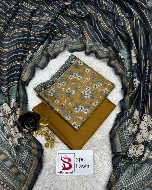 3 Piece Bin Saeed Unstitched Printed Lawn Suit – Mustard Color