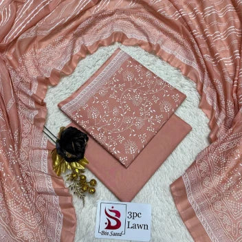 3 Piece Bin Saeed Unstitched Printed Lawn Suit – Peach Color