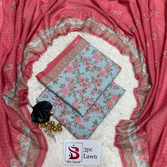 3 Piece Bin Saeed Unstitched Printed Lawn Suit – Red Color