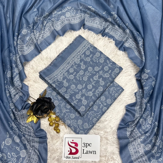 3 Piece Bin Saeed Unstitched Printed Lawn Suit – Royal Blue Color