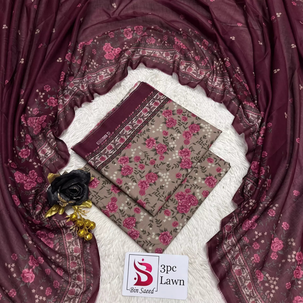 3 Piece Bin Saeed Unstitched Printed Lawn Suit – Skin Color