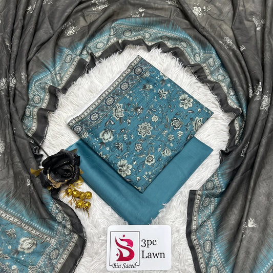 3 Piece Bin Saeed Unstitched Printed Lawn Suit – Zink Color