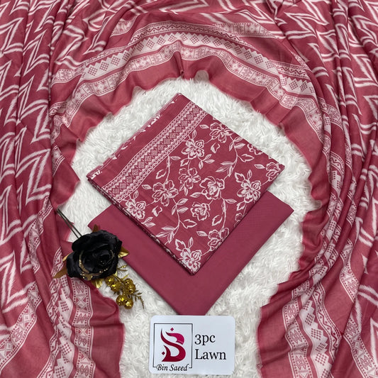 3 Piece Bin Saeed Unstitched Printed Lawn Suit – Pink Color