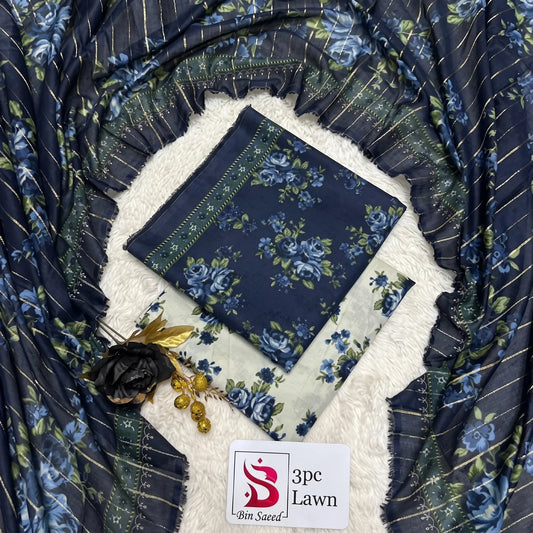 3 Piece Bin Saeed Unstitched Printed Lawn Suit – Dark Blue Color