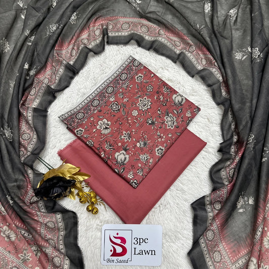 3 Piece Bin Saeed Unstitched Printed Lawn Suit – Grayish Red Color