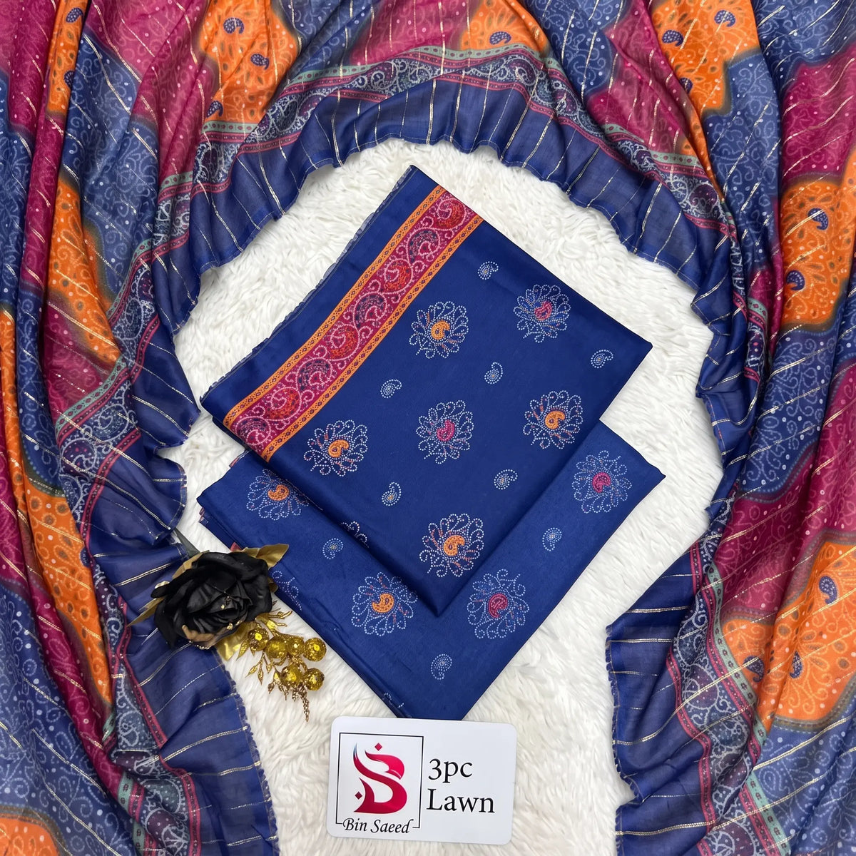 3 Piece Bin Saeed Unstitched Printed Lawn Suit – Blue Color