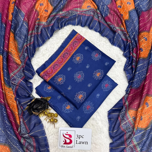 3 Piece Bin Saeed Unstitched Printed Lawn Suit – Blue Color