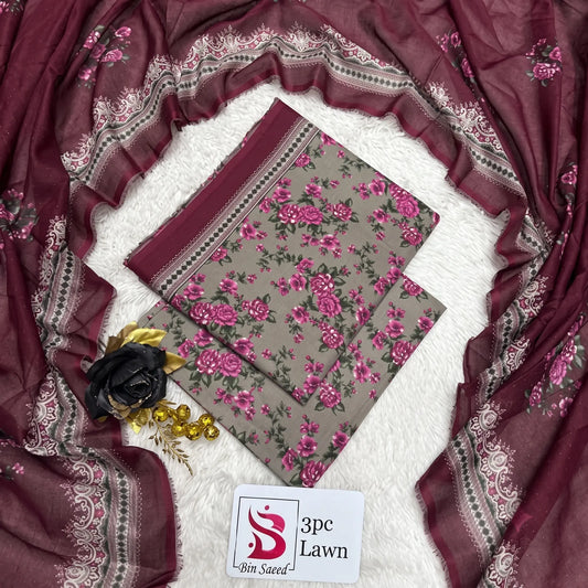 3 Piece Bin Saeed Unstitched Printed Lawn Suit – Skin Color