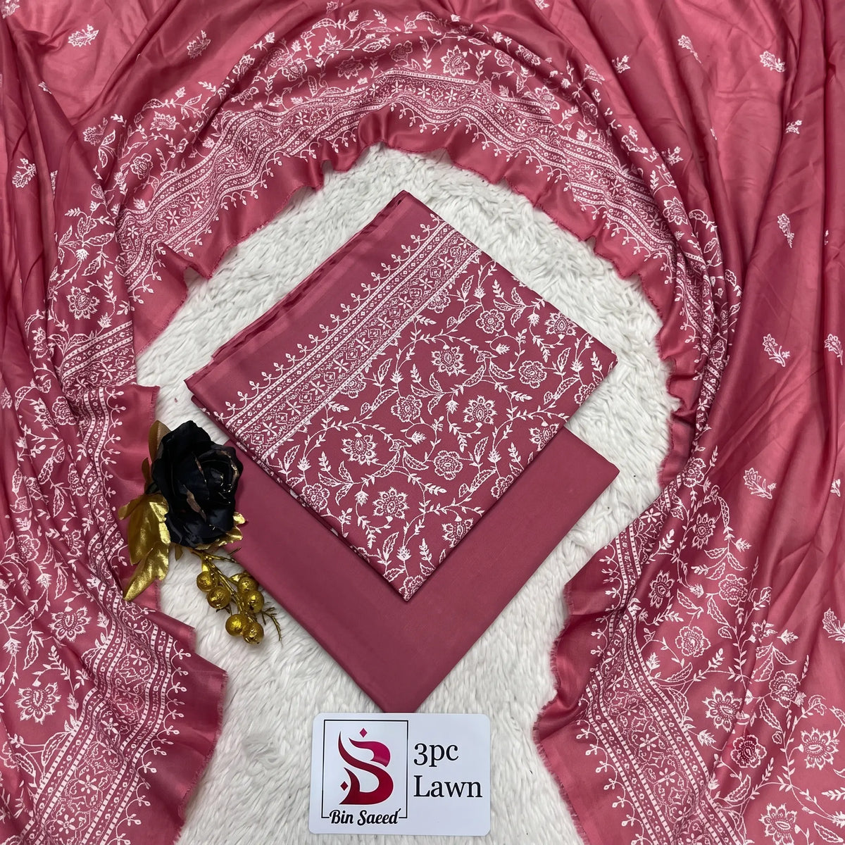 3 Piece Bin Saeed Unstitched Printed Lawn Suit – Red Color