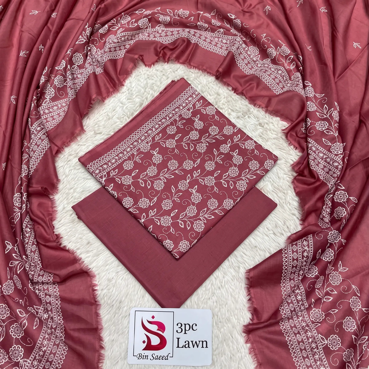 3 Piece Bin Saeed Unstitched Printed Lawn Suit – Maroon Color