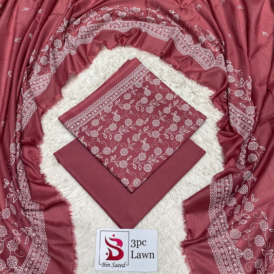 3 Piece Bin Saeed Unstitched Printed Lawn Suit – Maroon Color