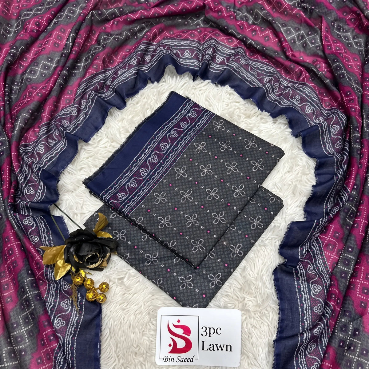 3 Piece Bin Saeed Unstitched Printed Lawn Suit – Grey Black Color