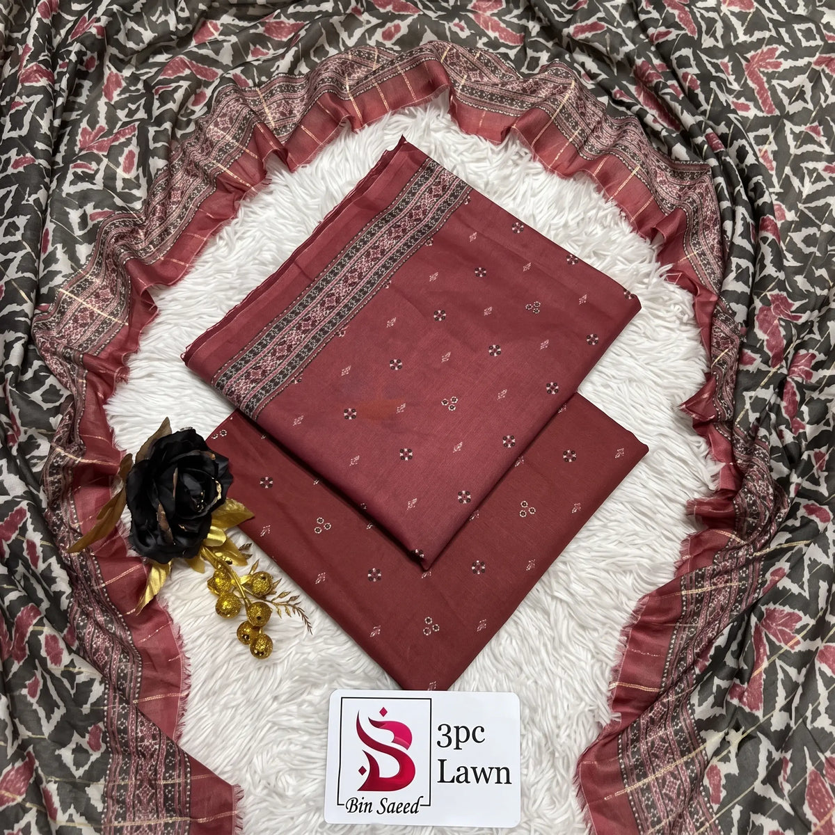 3 Piece Bin Saeed Unstitched Printed Lawn Suit – Red Color
