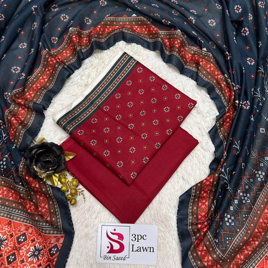 3 Piece Bin Saeed Unstitched Printed Lawn Suit – Red Color
