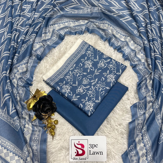 3 Piece Bin Saeed Unstitched Printed Lawn Suit – Blue Color