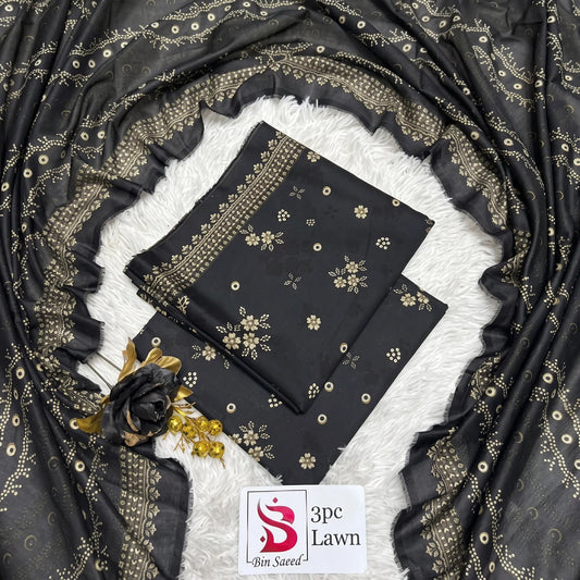 3 Piece Bin Saeed Unstitched Printed Lawn Suit – Black Color