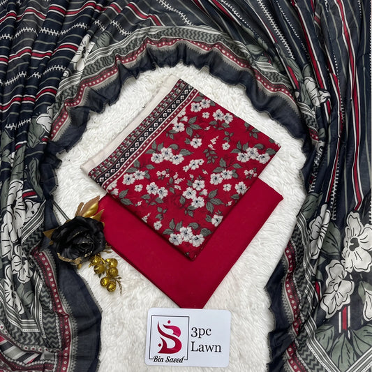 3 Piece Bin Saeed Unstitched Printed Lawn Suit – Red Color